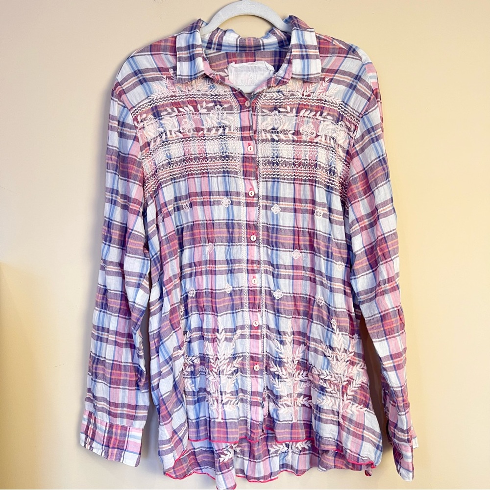 Johnny Was Plaid Embroidered Button Down